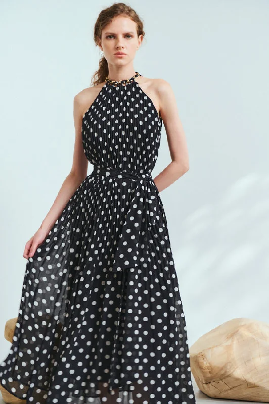 Pre-order Agnes Pleated Long Dress <br>-BLK x o.wht dot pt.-